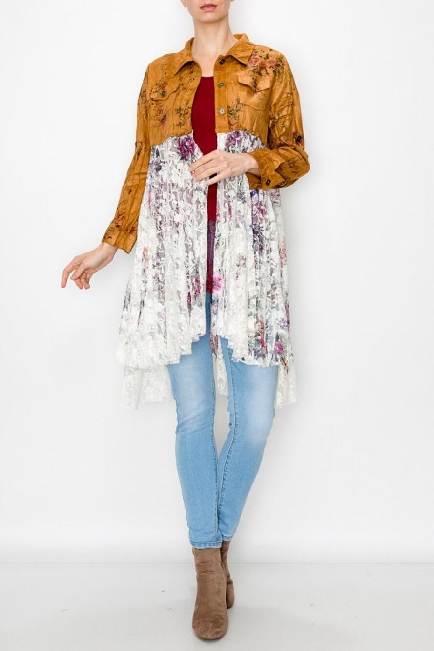 Origami Faux Suede Cardigan with Long Lace Layer Small/Medium